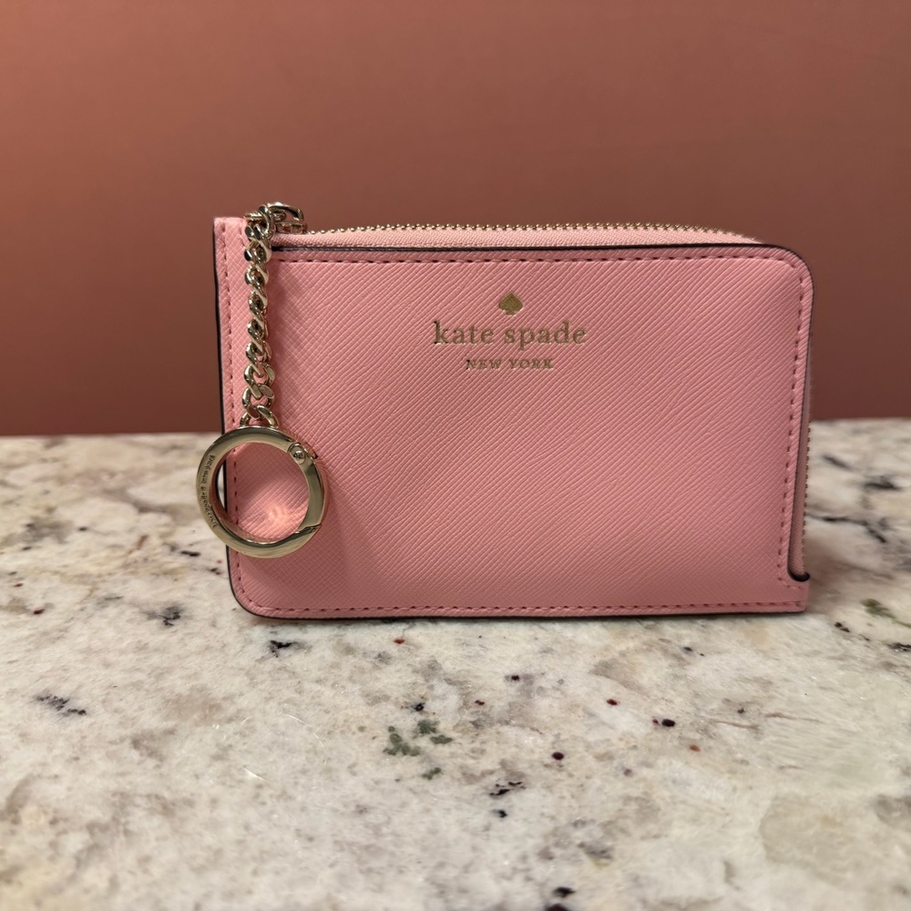 kate spade pink saffiano leather zip card case with gold keyring